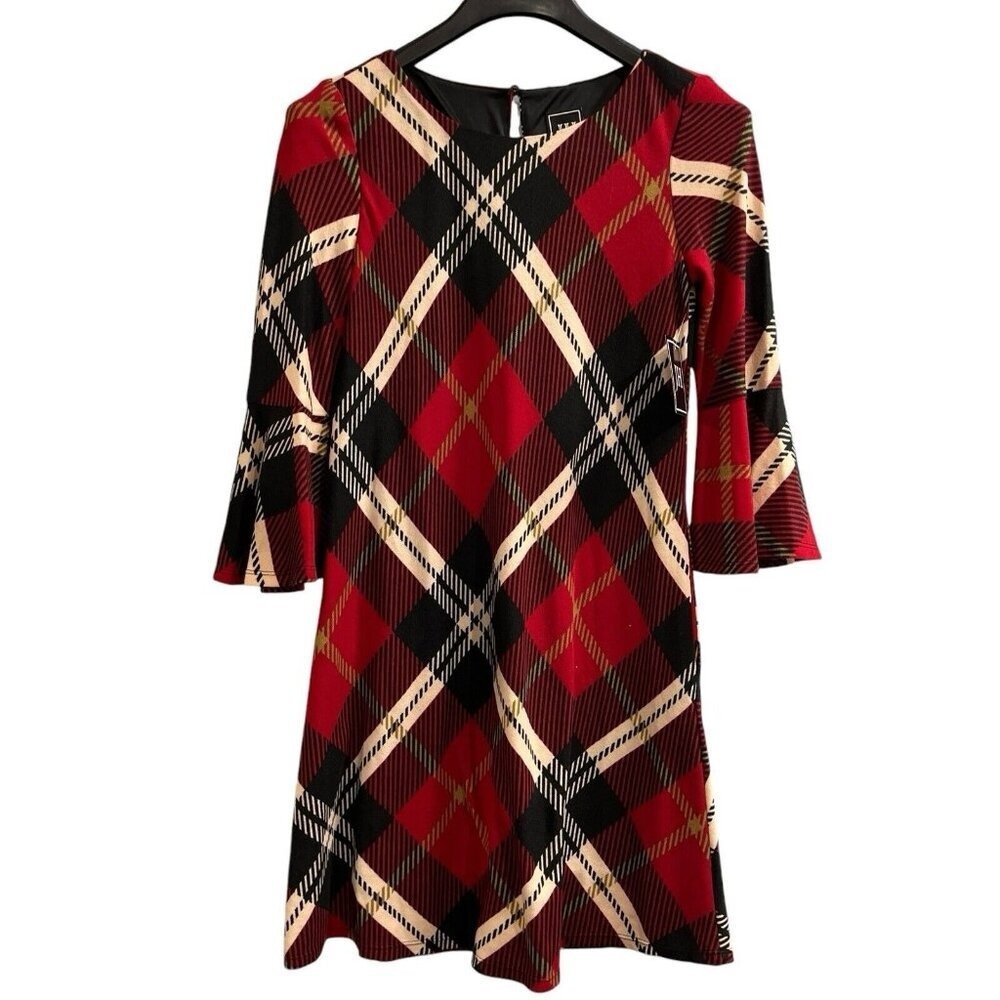 Jessica Howard Dress Womens S Red Plaid Midi Bell‎ Sleeve Preppy Office Career